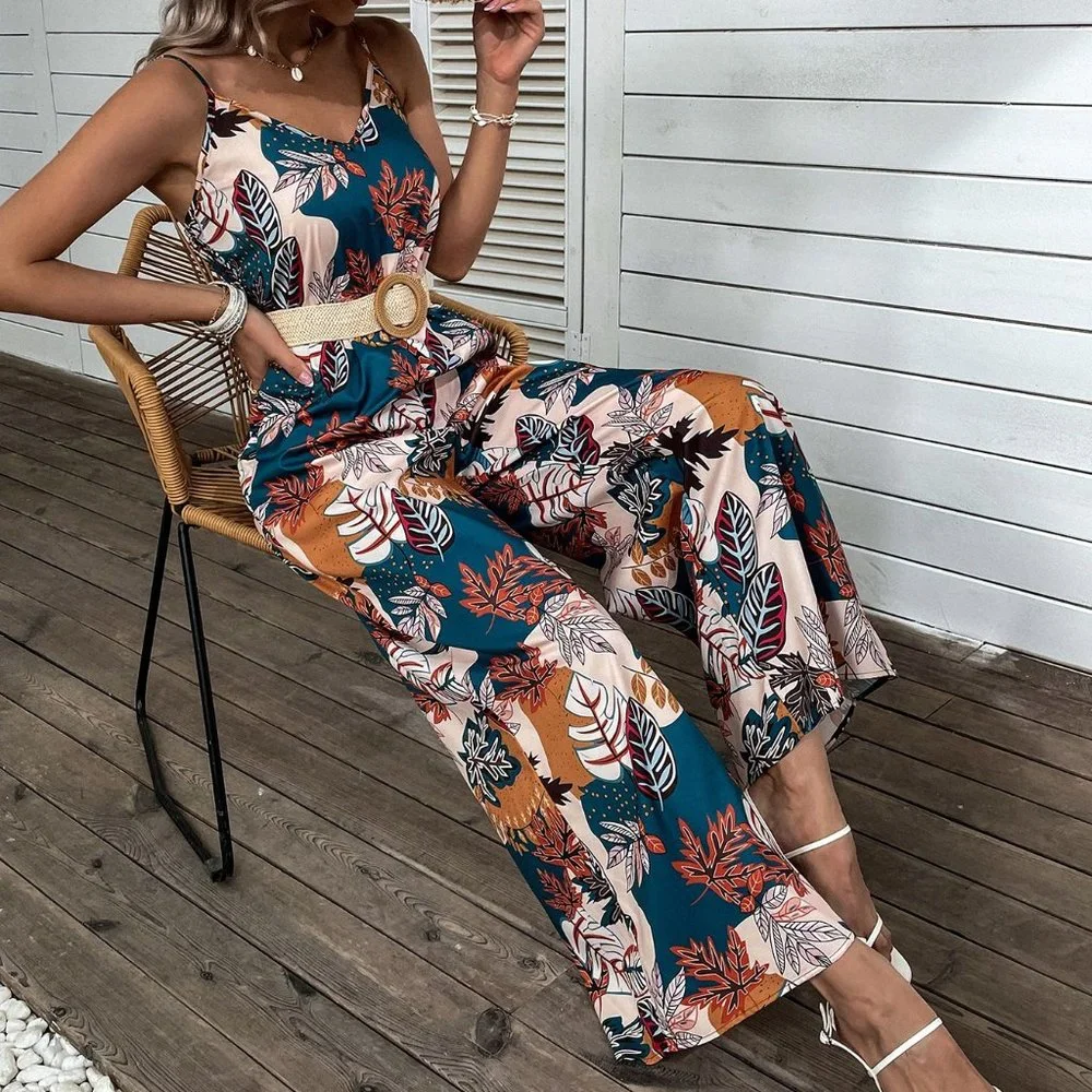 New Tropical Print Shirred Wide Leg Cami Jumpsuit Handmade - Picture 1 of 6